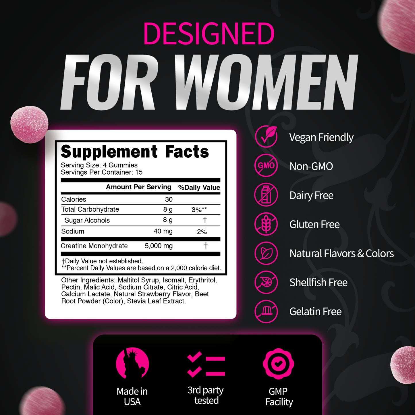 Creatine Monohydrate Gummies for Women -- 5g Creatine Per Serving